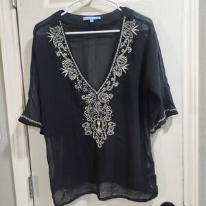 Antonio Melani Blouse S Black Sheer Beaded Embroidered Silk Tunic Top